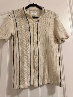 Denim & Flower Cream Knit Button-Down Top with Black Trim